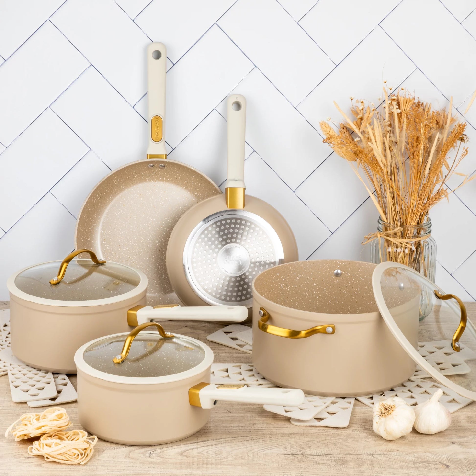 Thyme & Table Nonstick Granite 12-Piece Cookware Set Non-Stick - Taupe & Gold